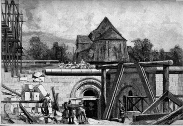 Die unterirdischen Konstruktionen der Sacré-Cœur-Kirche in Montmartre: die alte Kirche. Gravur in „Le Monde Illustré“ Nr. 1300 vom 25. Februar
