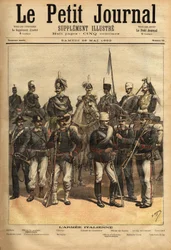 Die Uniformen der italienischen Armee, ein Pferd von links nach rechts: die Artillerie, der Kavallerieoffizier, der General, der Oberst der Carabinieri, der Offizier der Führer, das 10. Regiment der Lanzen, das Hundertste. Stehend von links nach rechts: de