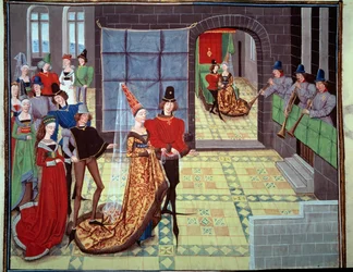 Die Hochzeit von Renaud und Clarisse. Miniatur aus dem Manuskript „Renaud de Montauban“ oder „Les quatre fils Aymon“ von Loyset Liedet. 15. Jahrhundert, Bibliotheque de l
