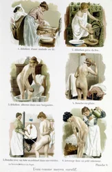 Die Frau, Hausärztin: Wasser als Heilmittel. 1. Waschung einer kranken Person im Bett, 2. Waschung durch Feuer, 3. Wechselbäder in einer Badewanne, 4. Regendusche, 5. Dusche mit einem Wasserhahnrohr einer Küche, 6. Bewässerung in einem kleinen Innenraum - 
