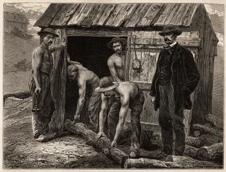 Die Holzarbeiter der Montchanin-Mine, werfen sie in den geneigten Schacht; im Kostüm, der Chefingenieur der Mine überwacht die Manöver. Gravur zur Illustration einer Reise nach Creusot und den Minen von Saône und Loire, 1865, von L. Simonin, in „Le tour du