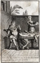 Theoderich der Große (ca. 454/455-526), König der Goten, erschrickt beim Anblick des Kopfes eines riesigen Fisches, der auf seinem Tisch serviert wird. Stich in „Beauté de l