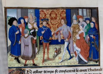 Thibaut III. von Champagne, Louis, Graf von Blois und Chartres, und Baudouin IX. von Flandern treffen sich. Miniatur in „Chronik der Zeit von Herodes Antipas“