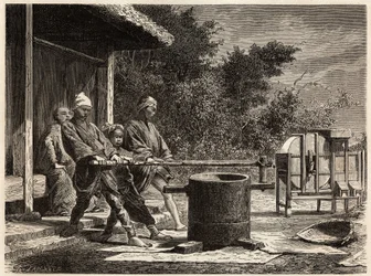 Drei Bauern betreiben die Reismühle. Gravur zur Illustration der Reise nach Japan in den Jahren 1863-1864, von Aime Humbert, Minister der Schweizerischen Eidgenossenschaft, in „Le tour du monde, nouveau journal des voyages“, veröffentlicht unter der Leitun