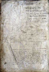 Titelblatt eines Manuskripts: Eroberung des Heiligen Grals, geschrieben 717 Jahre nach der Passion unseres Herrn. Bibliothèque municipale de Rennes, ms. 255 (Sammlung von Romanen der Tafelrunde)