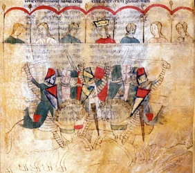 Turnierszene nach dem Manuskript „Lancelot du Lac“, 13. Jahrhundert. Biblioteca Nazionale Marciana, Venedig.