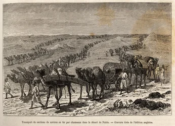 Eiserne Schiffsteile werden von Kamelen durch die Wüste Nubiens (Sudan) transportiert, Stich zur Illustration einer bewaffneten Expedition in Zentralafrika zur Unterdrückung des Handels mit Schwarzen Menschen