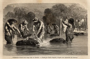 Reisende waschen ihre schmutzige Wäsche im Fluss, zusammen mit bolivianischen Peons, in der Nähe von Maniri (Unteres Peru). Gravur zur Illustration der Reise in die Täler von Quinquinas, von Paul Marcoy, 1849-1861, veröffentlicht in „Le tour du monde“ 1862