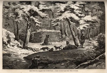 Winterhütte des Reisenden in der schönen Wiese (Kanada), Zuflucht für Fallensteller und ihre Schlitten. Gravur zur Illustration der Reise vom Atlantik zum Pazifik (Route du nord ouest par les terres), 1862-1864 von Viscount Milton und Dr. Cheadle