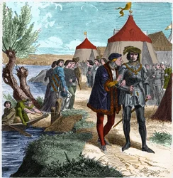 Vertrag von Conflans am 5.10.1465 zwischen dem König von Frankreich Ludwig XI. und Karl von Charolais (später Karl der Kühne), der den Aufstand der Adligen oder die Liga des Gemeinwohls beendete. Stich in „Histoire De France En Cent Tableaux“ von Paul Lehu