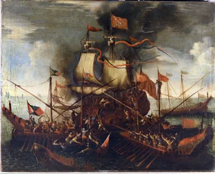 Türkische Galeeren nähern sich einem venezianischen Schiff. Gemälde aus dem 17. Jahrhundert