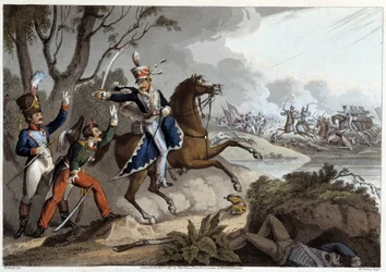 Zwei französische Offiziere, die in der Schlacht von Albuera gefangen genommen wurden - in „Historische, militärische und marine Anekdoten...“ von Edward Orme