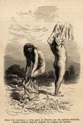 Zwei Siriniris-Indianer versuchen, Hosen und Westen anzuziehen, die ein Mitglied der Expedition am Ufer der Seen am Fuße des Mount Basiri (Peru) zum Trocknen aufgehängt hatte. Gravur zur Illustration der Reise in die Täler von Quinquinas (Peru), von Paul M