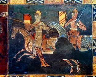 Zwei Ritter auf der Seite des Netzes, die in die Schlacht ziehen. Detail der Dekoration einer Hochzeitskiste, die Szenen des seigneurialen Lebens darstellt. 14. oder 15. Jahrhundert. Vannes, Museum von Vannes