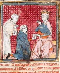 Zwei Boten verkünden Karl dem Großen den Sieg über die Sarazenen (Miniatur aus „Grandes Chroniques de France“)