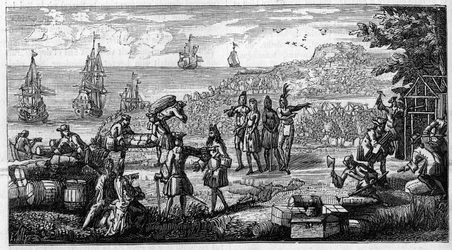 Entladung von Vorräten in den französischen Kolonien Amerikas. Federzeichnung platziert einen Kopf eines Memoire von Vauban über „Die Kolonien“ im Manuskript seiner „Oisivetes“ im Depot des Fortifications. Gravur in „La Nature: revue des sciences et d