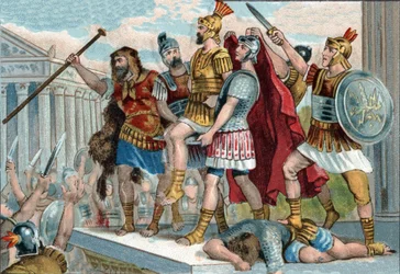 Vespasian (lateinisch Titus Flavius Vespasianus) (9-79) wurde von seinen Soldaten zum Kaiser ausgerufen. Chromolithographie um 1890.