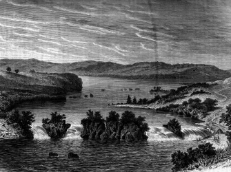 Ansicht des Viktoriasees, Afrika. Gravur im „Le Journal de la jeunesse“.
