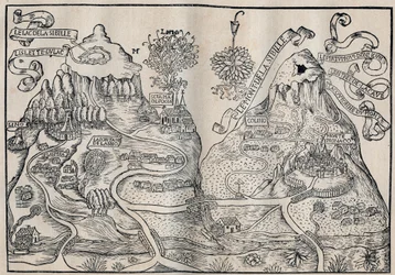 Ansicht des Mount Sibille (Paradies der Königin Sybille) (Doppelte Karte des Mount Pilatus und Mount Sibyl) - Antoine de La Sale (La Salle) französischer satirischer Schriftsteller des 15. Jahrhunderts