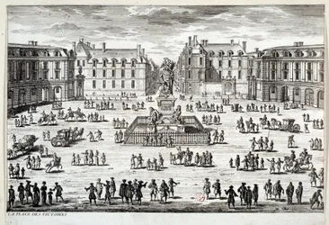 Ansicht des Place des Victoires in Paris mit der Statue von Ludwig XIV., errichtet von Marschall de la Feuillade im Jahr 1686. Gravur des 17. Jahrhunderts. Paris, Musée Carnavalet