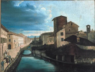 Blick auf den San Gerolamo-Kanal in Mailand (Öl auf Holz)