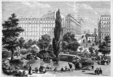 Ansicht des Square Montholon und der Brücke der Rue Bellefond in Paris im 9. Arrondissement. Gravur in „Das illustre Universum“
