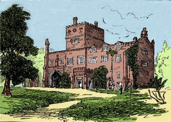 Ansicht der Abtei von Tavistock, Residenz von Francis Drake (1540-1596), Freibeuter und britischer Entdecker. Illustration aus dem 19. Jahrhundert.