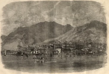 Ansicht der Stadt Victoria in Hongkong. Gravur in „The Illustrated London News“ vom 14. März.