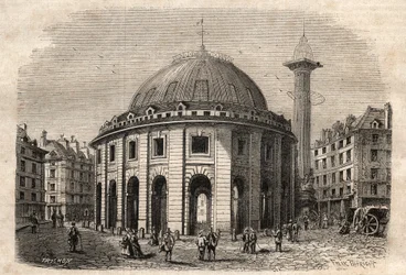 Ansicht der Halle au blé in Paris (erbaut 1763-1769) und der Medici-Säule, Gravur Anfang des 19. Jahrhunderts