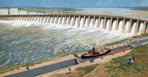 Ansicht des Dnepr-Wasserkraftwerks oder Dneprostroi-Damms, gebaut zur Förderung der sowjetischen Industrialisierung durch Iosef Stalin im Jahr 1932, Chromolithographie