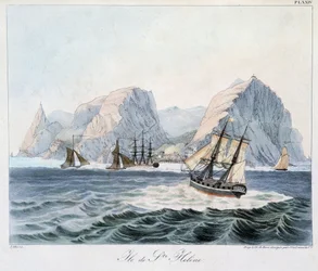 Ansicht der Insel St. Helena in "Ansichten und Landschaften der Äquinoktialregionen, gesammelt auf einer Weltreise", frühes 19. Jahrhundert