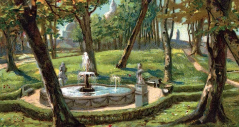 Ansicht der Vatikanischen Gärten, Rom, Italien, Chromolithographie der 1930er Jahre Private Sammlung
