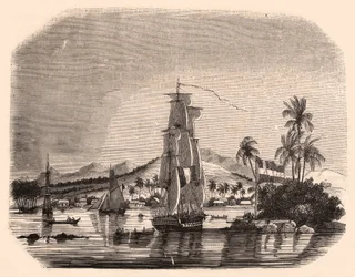 Ansicht der Bucht von Papeete und Block Queen, Tahiti, Französisch-Polynesien, im Vordergrund Segelboote und Boote