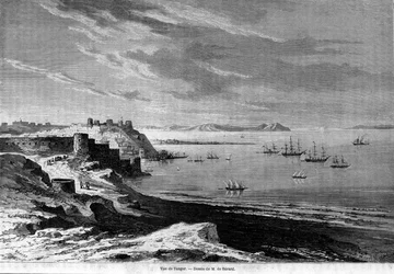 Ansicht der Bucht der befestigten Stadt Tanger und der Küste, Marokko. Gravur von 1860.