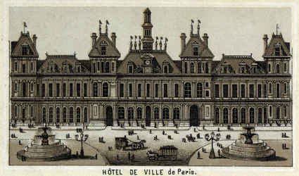 Ansicht des Rathauses von Paris und des Platzes. Chromolithographie aus dem späten 19. Jahrhundert
