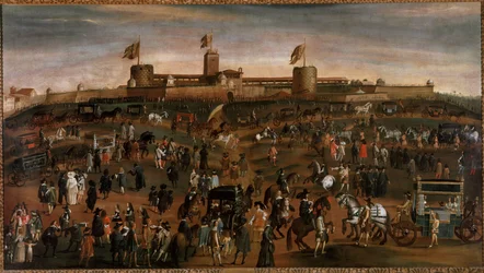 Ansicht der Stadt Mailand, des Schlosses der Sforza und des Kutschenverkehrs