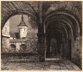 Blick auf den Kreuzgang der Abtei von Solesmes von der Galerie, Sarthe, Frankreich