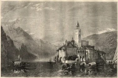 Ansicht des Klosters Mater Ecclesiae auf der Insel San Giulio am Ortasee in Italien. Gravur nach einem Gemälde von William Collingwood Smith (1815-1887). In „The Illustrated London News“ vom 22. März.