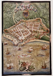 Ansicht des Hafens von Le Havre im Jahr 1583 - aus einem illuminierten Manuskript von Jacques Delvaux, Marinepilot, gewidmet Admiral de Joyeuse