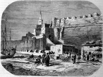 Ansicht des Hafens der befestigten Stadt Tanger und der Küste, Marokko. Gravur von 1860.