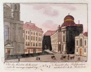 Ansicht des Theaters und des Hofes in Richtung der kaiserlichen Reitschule in Wien, Österreich. Gravur von 1815 Private Sammlung