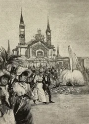 Besucher vor dem Sportgebäude bei den Vereinigten Ausstellungen, Mailand, Italien, Zeichnung von M Bianchini aus L