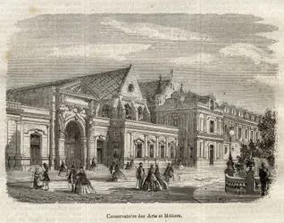 Ansicht des Conservatoire des Arts et Metiers (Cnam) in Paris, Rue Saint Martin in Paris - (Ansicht auf das Konservatorium der Künste und Handwerke in Paris - Gravur in „Dictionnaire populaire illustrious“ - 1864 - von Joseph Decembre und Edmond Allonier