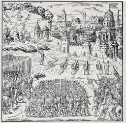 Religionskrieg: Die Stadt Nîmes belagert von der Armee des Königs (Heinrich III.) im Jahr 1576 - in „Sammlung von 39 Figuren, die die Katastrophen Frankreichs von 1562 bis 1586 darstellen“, Louis Perrin Druckerei