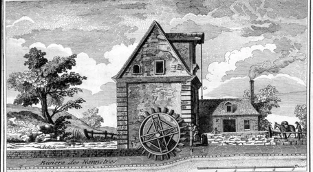 Wassermühle. Gravur um 1800.