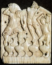 Hochzeit zu Kana: „Die Diener füllen sechs Krüge mit Wasser, das Jesus Christus in Wein verwandeln wird“ Elfenbeintafel, 11. Jahrhundert London, Victoria and Albert Museum