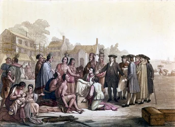 William (Guillaume) Penn (1644-1718), ein englischer Quäker, verhandelt mit den Indianern Amerikas über den Erwerb von Land - Er legte damit den Grundstein für Pennsylvania und die Stadt Philadelphia - Illustration in „The old and modern costume“ von Jules