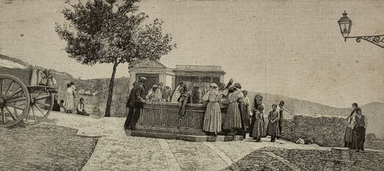 Frauen und Kinder am Brunnen in Piana dei Greci, Italien, Gravur nach einem Foto von E Interguglielmi aus L