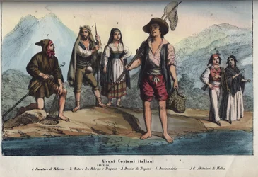 Frauen und Männer in traditionellen sizilianischen Kostümen - Pescatore di Palermo, pastore fra Palermo e Trapani, donna di Trapani, pescivendolo, abitatori di Malta. Gravur aus „Usi e Costumi di Tutti i Popoli dell
