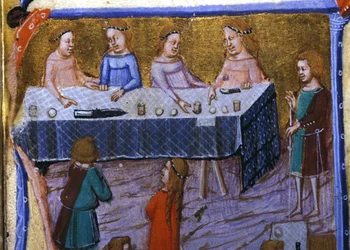 Frauenbankett. Miniatur aus einem Manuskript des 13. Jahrhunderts.